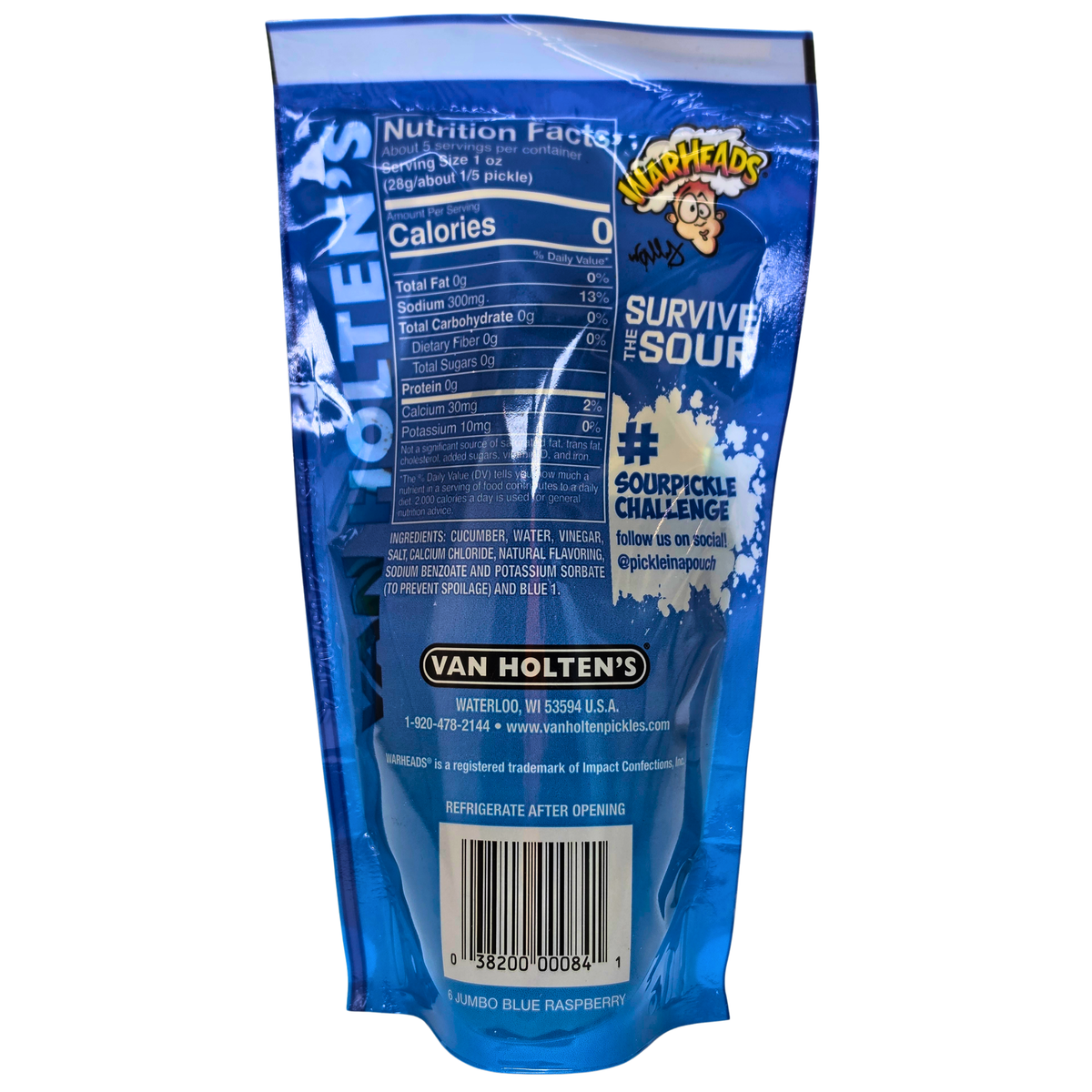 Back view of a blue Van Holtten's Survive Sour blue raspberry soda pouch, showing the nutrition facts panel, barcode, and branding.
