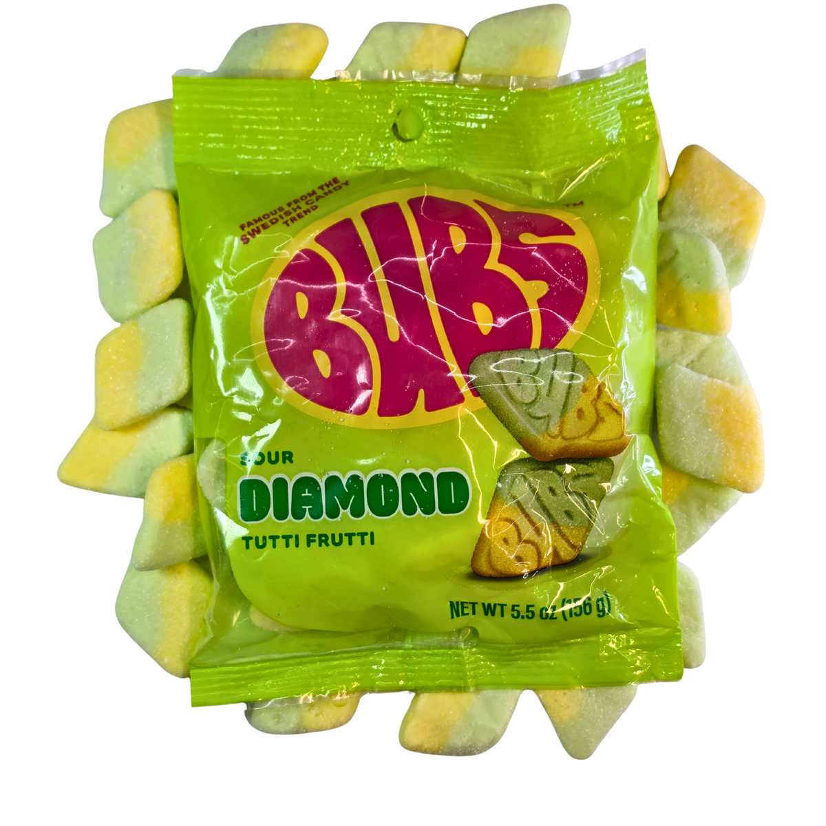A bag of Bubs Sour Diamond Tutti Frutti gummy candies, with several gummies visible around the edges of the bright lime green packaging.