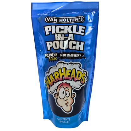 A blue stand-up pouch of Van Holten's Pickle-In-A-Pouch Extreme Sour Blue Raspberry pickles, featuring the Warheads logo and cartoon character on the front.