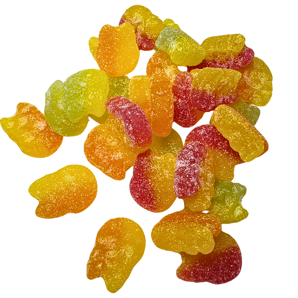 A pile of sour gummy candies shaped like small animals, showing a mix of yellow, orange, and red colors with a sugar-coated texture, isolated on a white background.