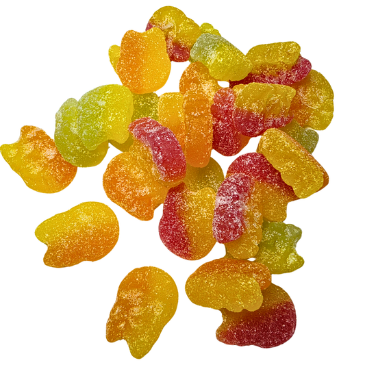 A pile of sour gummy candies shaped like small animals, showing a mix of yellow, orange, and red colors with a sugar-coated texture, isolated on a white background.