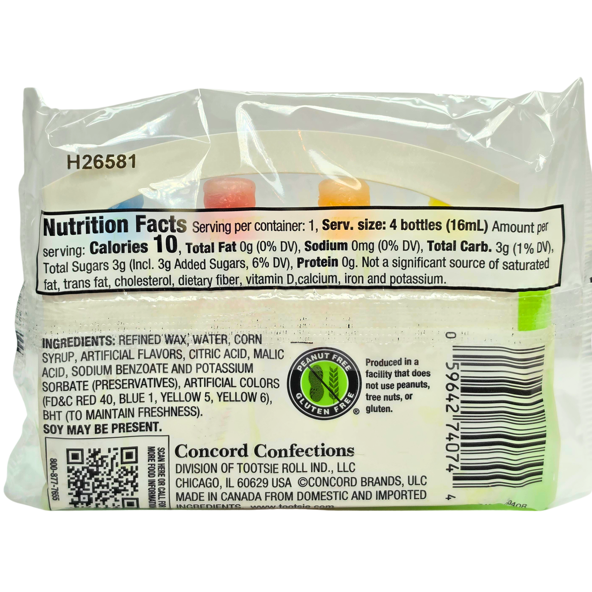 Back side of a packaged confection product showing Nutrition Facts, ingredients, a QR code, and the brand name Concord Confections on a white background.