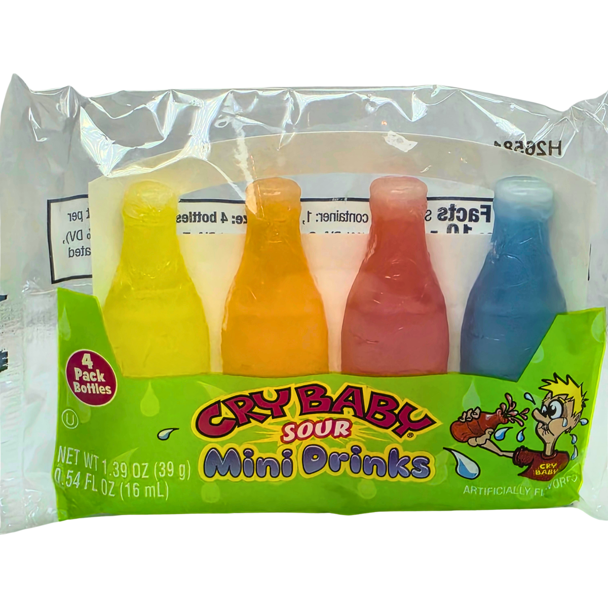 A 4-pack of Cry Baby Sour Mini Drinks in a clear plastic bag with a green front label. The mini bottles are yellow, white, pink, red, and blue.