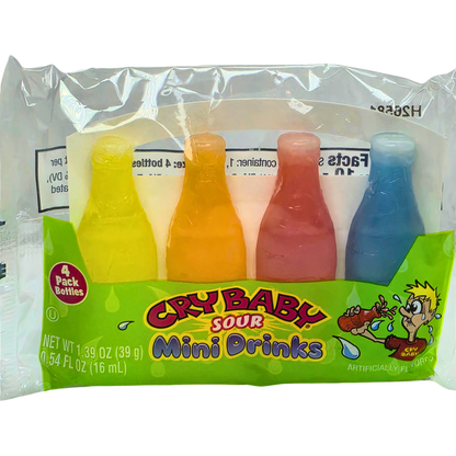 A 4-pack of Cry Baby Sour Mini Drinks in a clear plastic bag with a green front label. The mini bottles are yellow, white, pink, red, and blue.